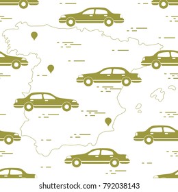 Pattern with cars and map of Spain. Travel and leisure. Design for announcement, advertisement, banner or print.