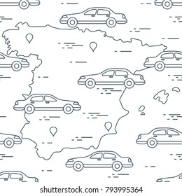 Pattern with cars and map of Spain. Travel and leisure. Design for announcement, advertisement, banner or print.