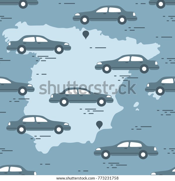 Pattern\
with cars and map of Spain. Travel and leisure. Design for\
announcement, advertisement, banner or\
print.