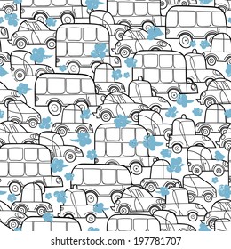 Pattern with car.They painted in a retro style.