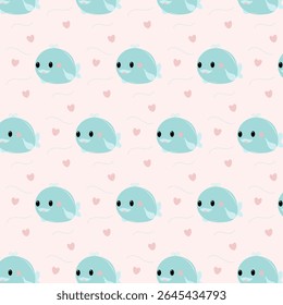 Pattern with carton whale with heart on rose background, cute cartoon seamless pattern. vector illustration.