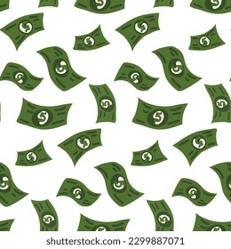 A pattern of cartoon abstract American banknotes. A rain of green money with the number 5 falling from above in a flat style on a white background. Printing on textiles and paper