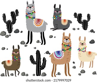 pattern with cartoon alpacas and cactus