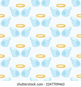 Pattern with cartoon angel wings and a halo for kids on a white background