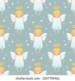 Pattern with cartoon babies angels and stars on blue background for children