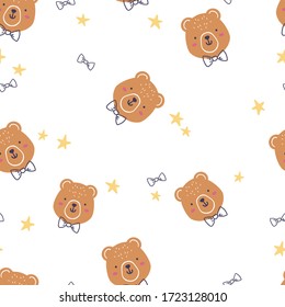Pattern with cartoon bear in bow tie, stars and rainbow for cute textile, wrapping paper or other products.