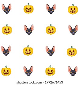 Pattern of cartoon black Sphynx cat and Jack O'Lantern on white isolated background, vector pattern symbols of Halloween for prints, patterns, stickers, backdrops, postcards, icons for social media.