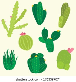 Pattern of cartoon bright cacti with pink and yellow flowers.