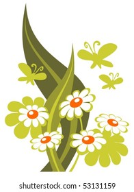 Pattern with cartoon butterflies and leaves on a white background.