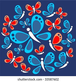 Pattern with cartoon butterflies on a blue background.