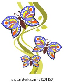 Pattern with cartoon butterflies and strips on a white background.