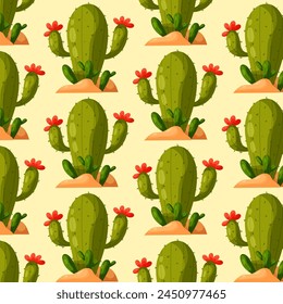 Pattern with cartoon cactus. Blooming cactus. Desert plant. Pattern for textile, wrapping paper, background.