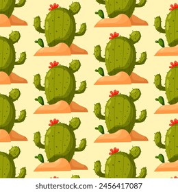 Pattern with cartoon cactus. Blooming cactus. Desert plant. Pattern for textile, wrapping paper, background.	