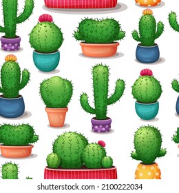 Сactus pattern. Cartoon cactus with flowers backdrop. Cute exotic succulent  background. Cartoon succulents in pot. Cactus icons pack. Mexican plant, desert flowers print, fabric, textile.
