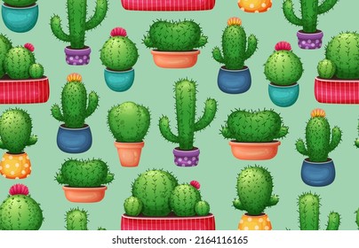 Сactus pattern. Cartoon cactus with flowers backdrop. Cute exotic succulent  background. Cartoon succulents in pot. Cactus seamless background. Mexican plant, desert flowers print, fabric, textile.