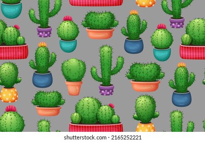 Сactus pattern. Cartoon cactus with flowers backdrop. Cute exotic succulent  background. Cartoon succulents in pot. Cactus seamless background. Mexican plant, desert flowers print, fabric, textile.
