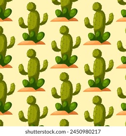 Pattern with cartoon cactus. Green cactus, thorny plant. Desert plant. Pattern for textile, wrapping paper, background.