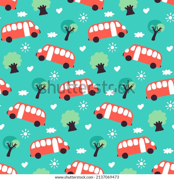 Pattern with cartoon cars buses for newborn boys.\
Baby seamless print with cheerful transport traveling among cute\
forest trees. Hand-drawn wallpaper with red vans for design of\
nursery, boy\'s fabric.