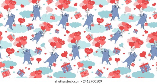 Muster Cartoon Katze, Geschenkbox fliegt auf herzförmigen Ballons. Fröhliches Kätzchen. Inschrift, das Wort Liebe. Verpackung Design für Hochzeiten, Geburtstage, Valentinstag. Vektornahtloser Hintergrund.