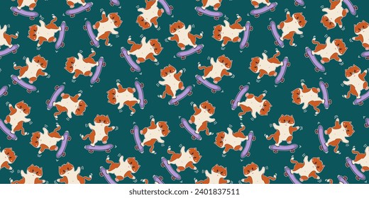 Pattern cartoon Cat riding a skateboard. Cheerful sports kitten, pet. Animals. Skateboarder, athlete. Vector seamless background.	