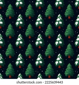 Muster mit Cartoon-Weihnachtsbaum mit Schnee auf dunkelblauem Hintergrund
