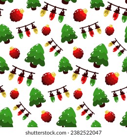 Pattern cartoon Christmas tree toy, garland, Christmas tree. Winter holidays Christmas tree decorations vector endless designer illustration. Background of Christmas holidays on white. Elements volume