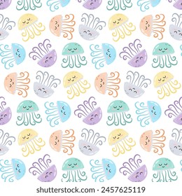Pattern with cartoon colored jellyfish. Underwater animal in flat style. Kids background. Pattern for textile, wrapping paper, background.