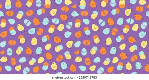 Pattern cartoon colorful chickens, repeating background. Animals, poultry. Set of little chickens, painted eggs. Hand drawn linear doodle icons. Easter design, seamless texture.