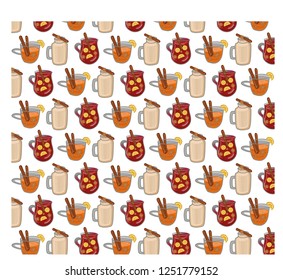 Pattern of cartoon cups with winter drinks on a white background: mulled wine, cocoa, tea. Vector set. Suitable for decoration design, packaging, cards.