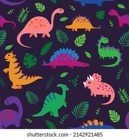 Pattern with cartoon cute dinosaurs and leaf. Pattern for children's clothing.
