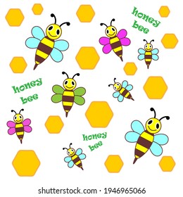 Pattern cartoon cute honey bee, vector mascot character isolated, EPS 10.