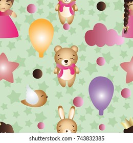 pattern with cartoon cute toy baby girl and bunny