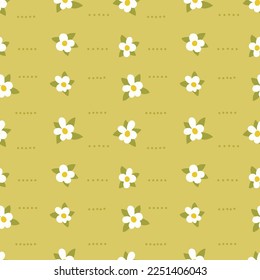 Pattern of cartoon daisy flowers on a green background with dots elements.