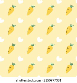 Patrón de diseño de dibujos animados decoraciones de zanahorias y diseño de pequeños vectores de fondo amarillo cardíaco.