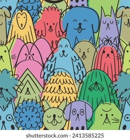 Pattern with cartoon dog heads. Background with colorful funny animals