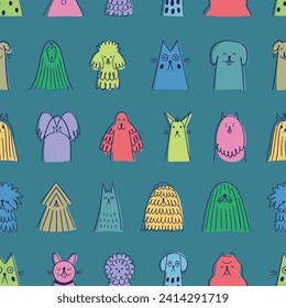 Pattern with cartoon dog heads. Blue background with funny animals