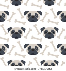 Pattern with cartoon dog pug and cartoon bone, vector illustration