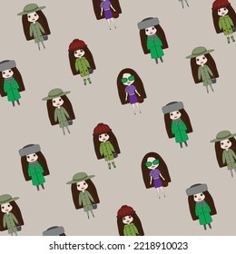 Pattern of cartoon dolls on a monochrome background. cute little girls pattern, design for kids