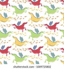 Pattern with cartoon dragons on white background. Vector illustration.
