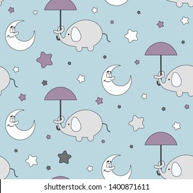Pattern with cartoon elephants, umbrella, moon and stars. Cute sweet dreams colorful hand drawn vector Illustration. - Vector