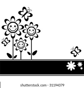 Pattern with cartoon flowers on a white background.