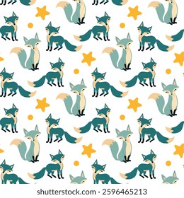 A pattern of cartoon foxes and stars. The foxes are smiling and the stars are yellow