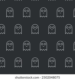 Pattern of cartoon ghosts on a dark background, suitable for Halloween-themed designs.