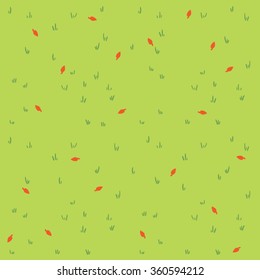 Pattern With Cartoon Grass And Leafs. Hand Drawn Background. Cute Vector Texture.