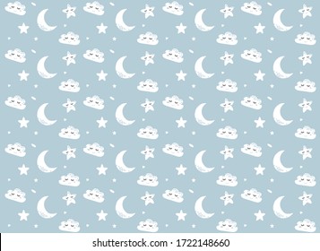 pattern with cartoon hearts, stars and clouds. flat vector illustration