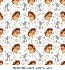 Pattern with cartoon hedgehog and mouse, animals 