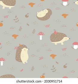 Pattern with cartoon hedgehogs and mushrooms