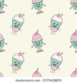 Pattern with cartoon ice cream with berries, in kawaii style, on light beige background.