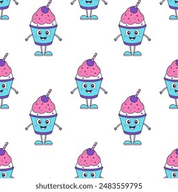 Pattern with cartoon Ice cream with berry, on white background.