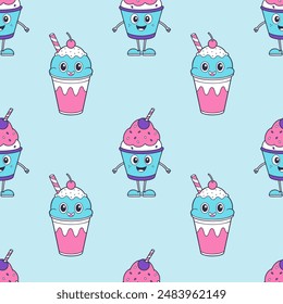 Patrón con dibujos animados Helado con baya, sobre fondo azul.
